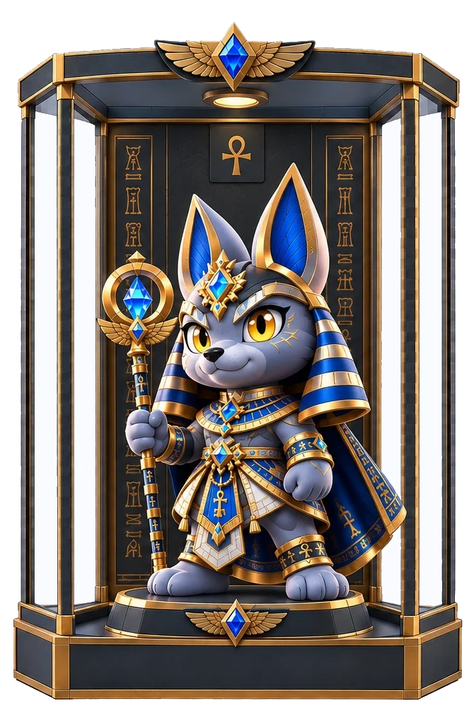 Lil’ Anubix, a cute grey jackal pharaoh with big amber eyes and a crystal ankh staff, standing in a gold and glass display case