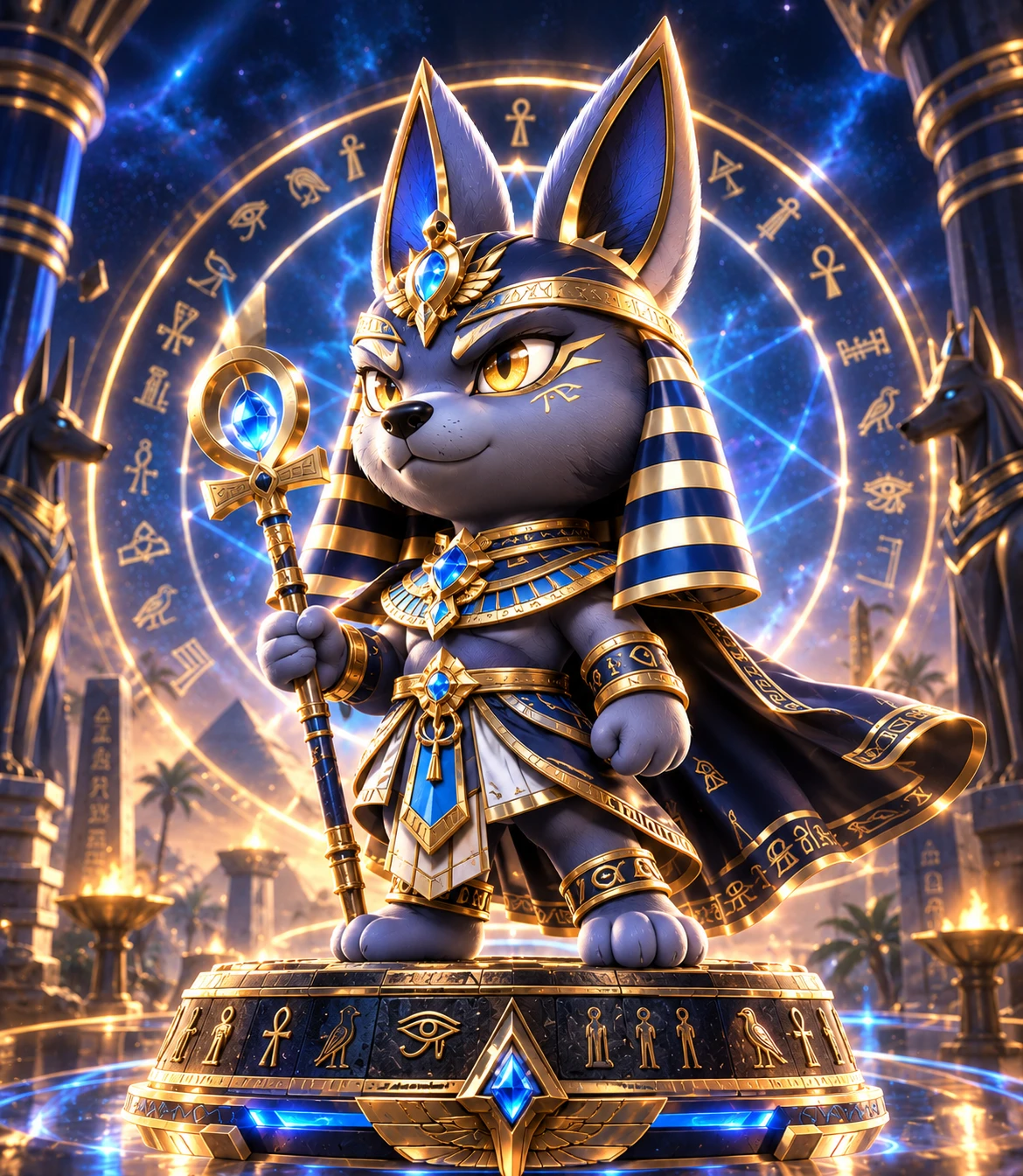 Lil' Anubix holding a crystal ankh staff
