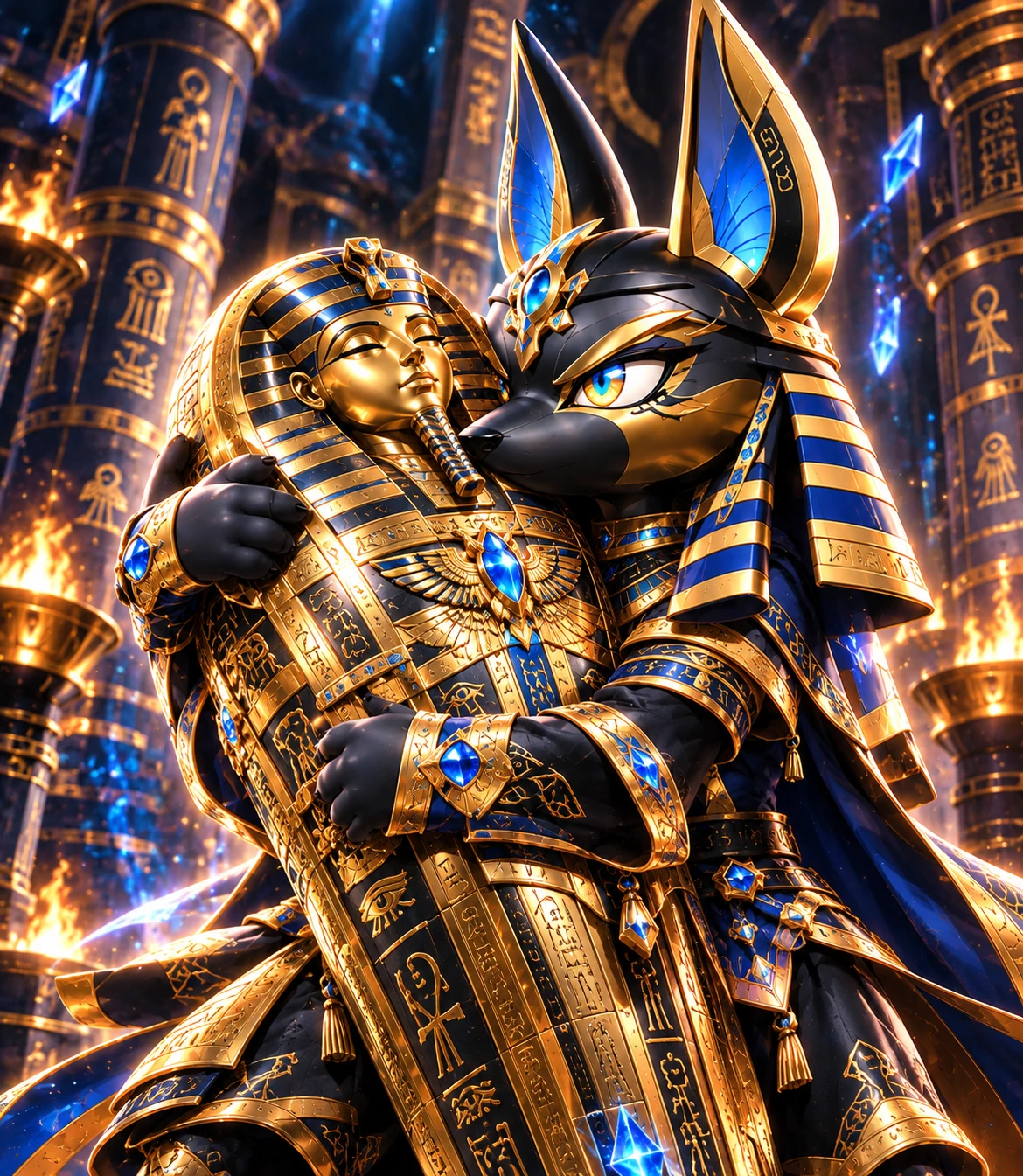 Anubix Relic hugging a golden sarcophagus tightly